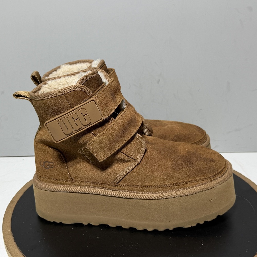 UGG Neumel Boot Women Size 8 Platform Hook Loop Brown Suede Shearling Streetwear